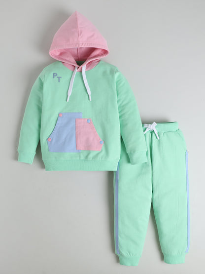 Polka Tots Full sleeve Colorblock Hooded Sweatshirt & Co-ord Jogger Set - Mint Green