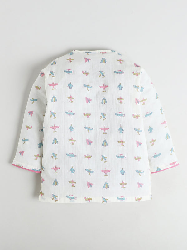 Polka Tots Cotton Full Sleeve Airplane Print Angrakha Top With Dhoti - Pink