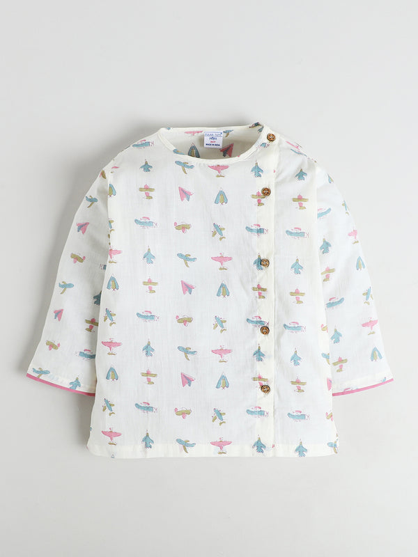 Polka Tots Cotton Full Sleeve Airplane Print Angrakha Top With Dhoti - Pink
