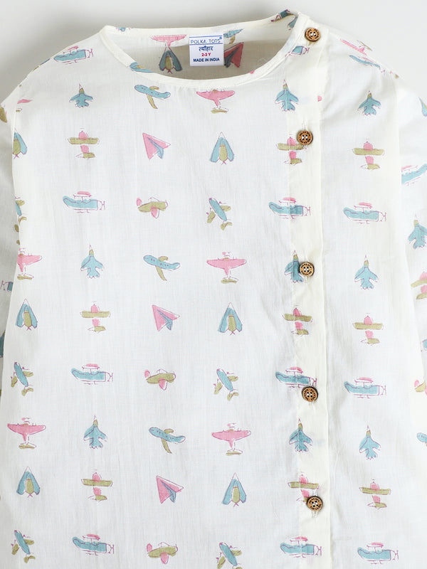 Polka Tots Cotton Full Sleeve Airplane Print Angrakha Top With Dhoti - Pink