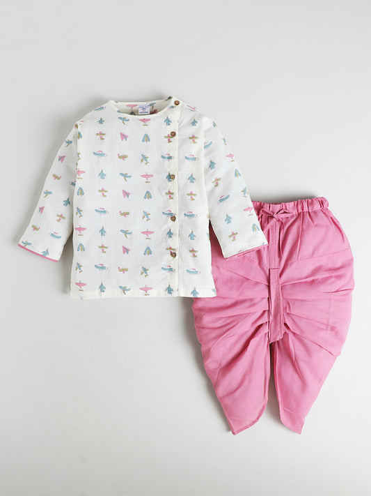 Polka Tots Cotton Full Sleeve Airplane Print Angrakha Top With Dhoti - Pink