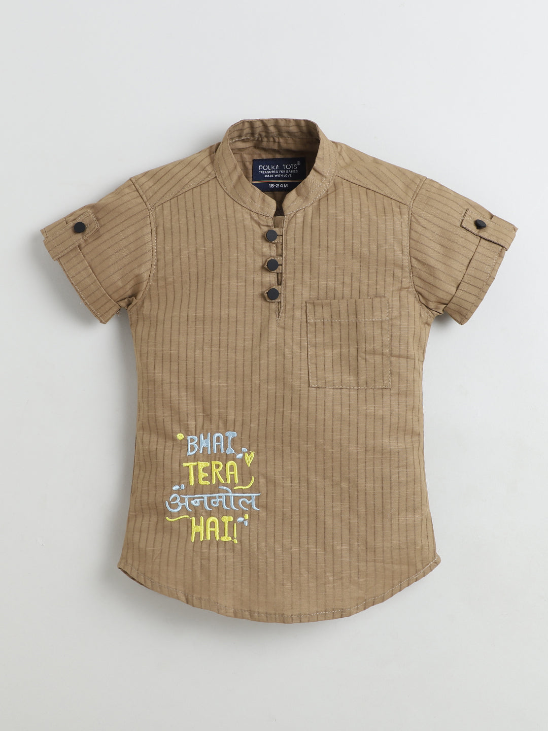 Polka Tots Half Sleeve Striped Kurta with Hindi Graphic - Tan
