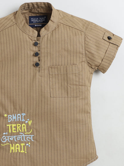 Polka Tots Half Sleeve Striped Kurta with Hindi Graphic - Tan