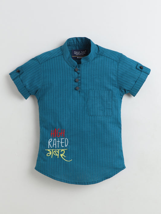 Polka Tots Half Sleeve Striped Kurta with Hindi Graphic - Teal Blue