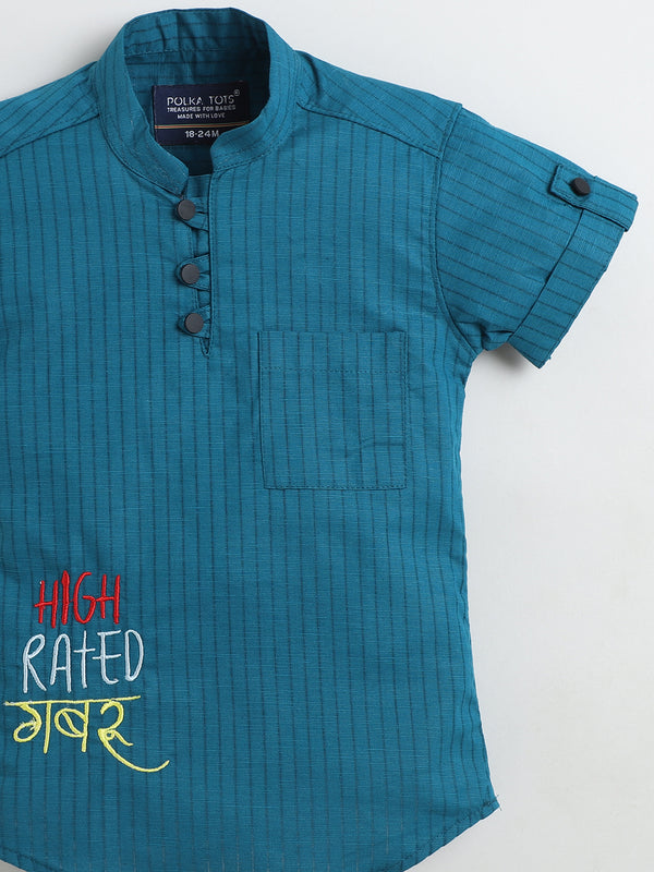 Polka Tots Half Sleeve Striped Kurta with Hindi Graphic - Teal Blue