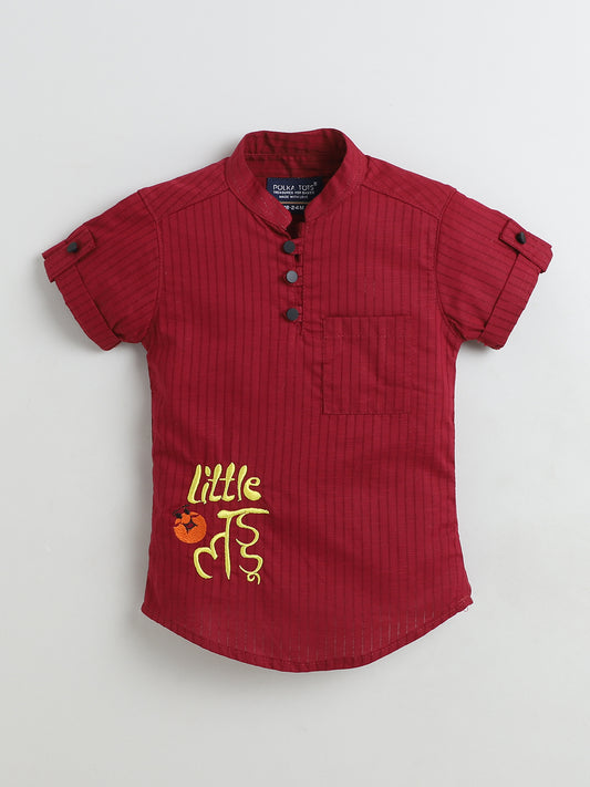 Polka Tots Half Sleeve Striped Kurta with Hindi Graphic - Maroon