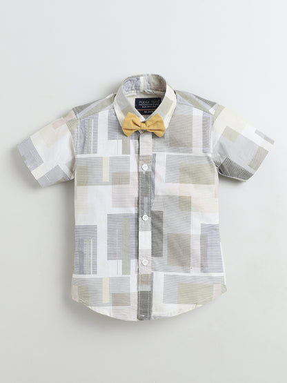 Polka Tots Half Sleeves Shirt with Bow Tie - Beige