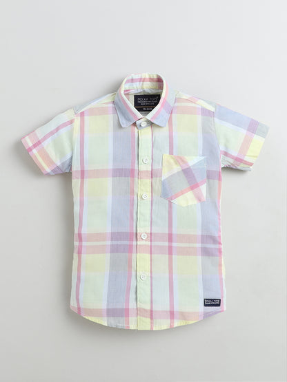 Polka Tots Half Sleeves Checks print Kids Shirt - Yellow