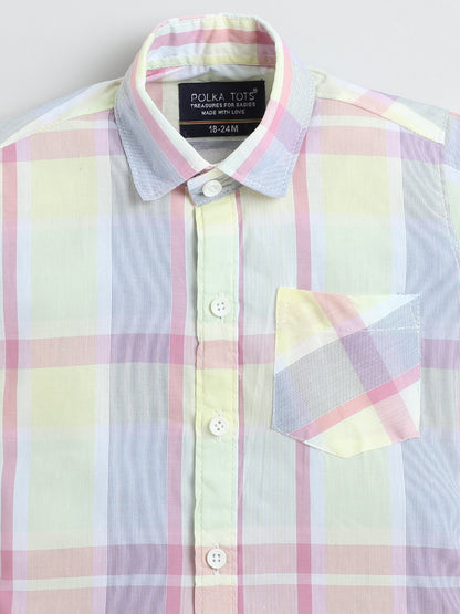 Polka Tots Half Sleeves Checks print Kids Shirt - Yellow