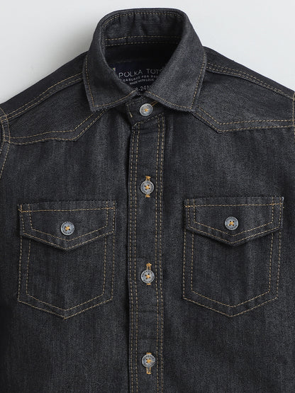 Polka Tots Full Sleeves Denim shirt - Black