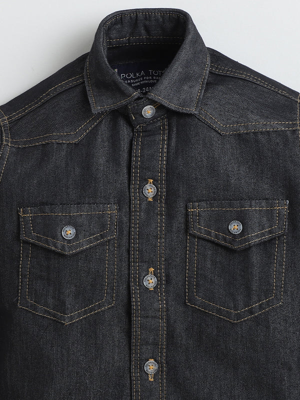 Polka Tots Full Sleeves Denim shirt - Black