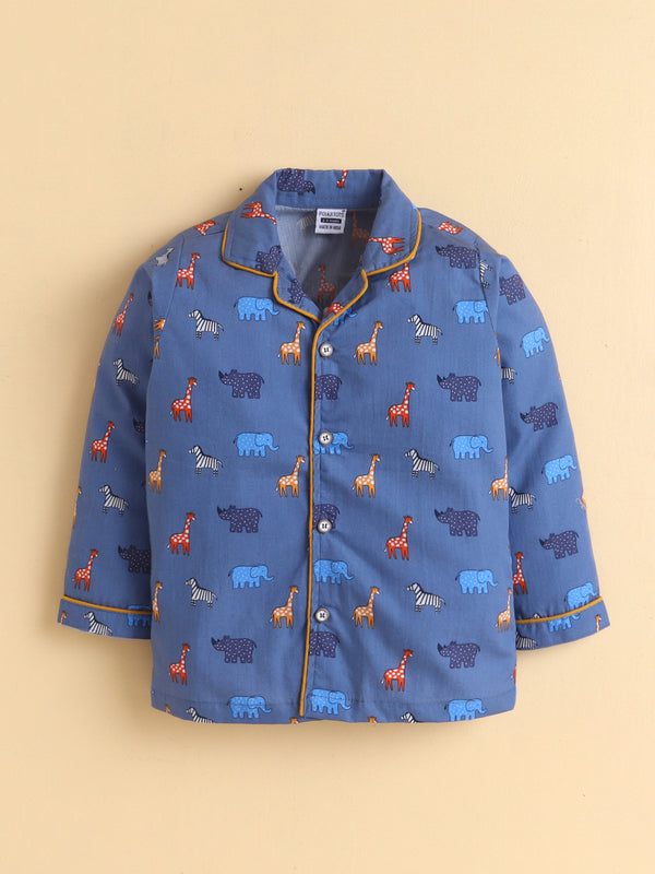 Polka Tots Full Sleeve Animal Print Night Suit – Dark Blue