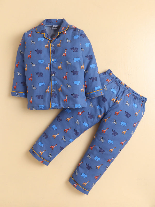 Polka Tots Full Sleeve Animal Print Night Suit – Dark Blue