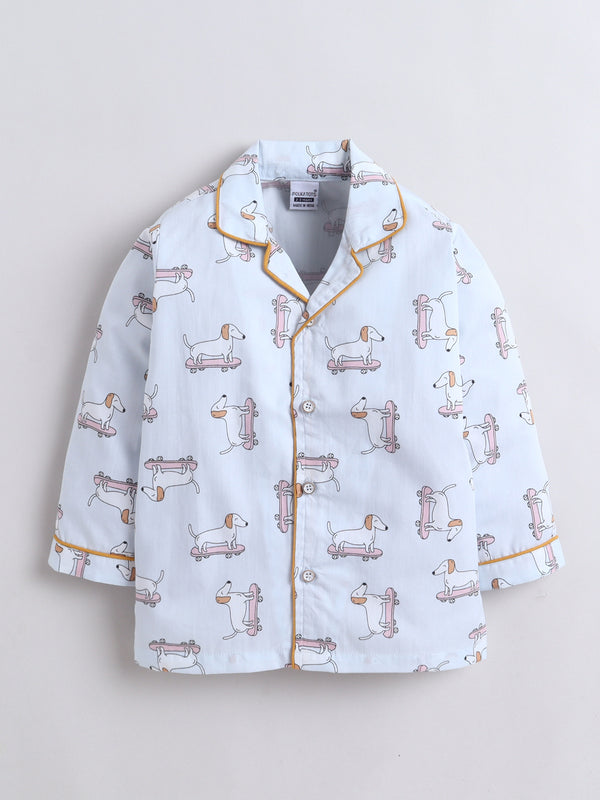 Polka Tots Full sleeve Dog Print Night suit - Blue