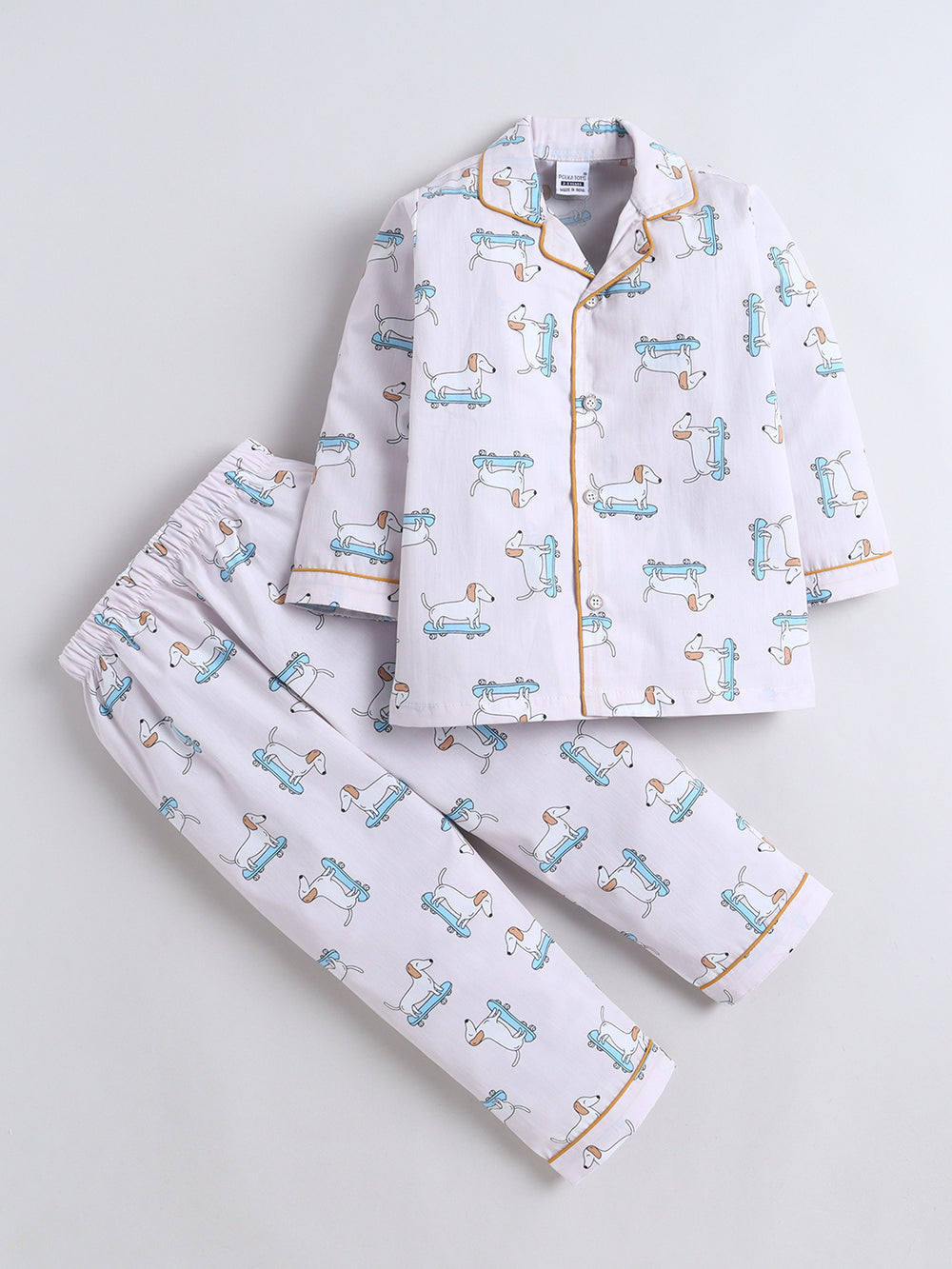Polka Tots Full sleeve Dog Print Night suit - Pink
