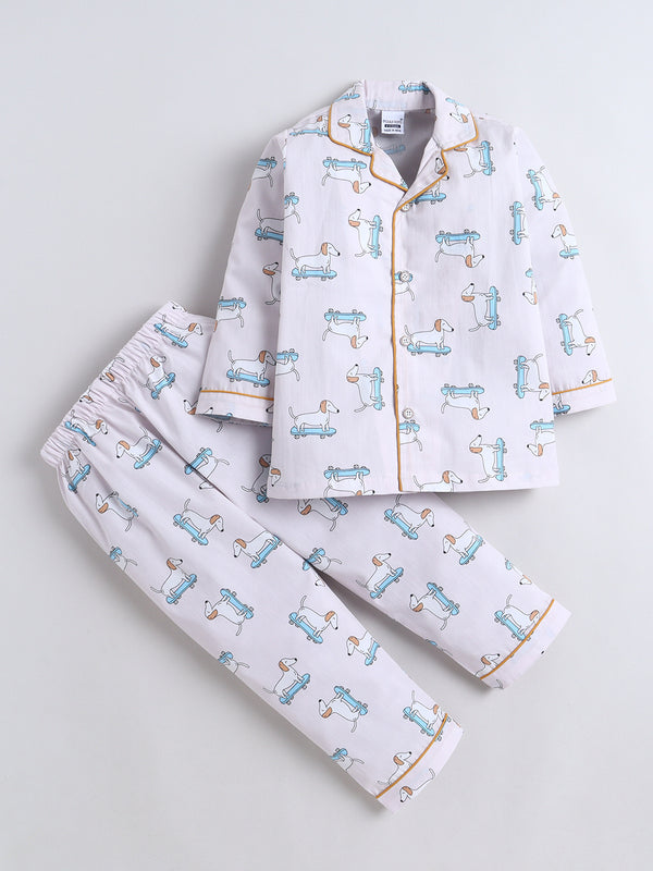 Polka Tots Full sleeve Dog Print Night suit - Pink