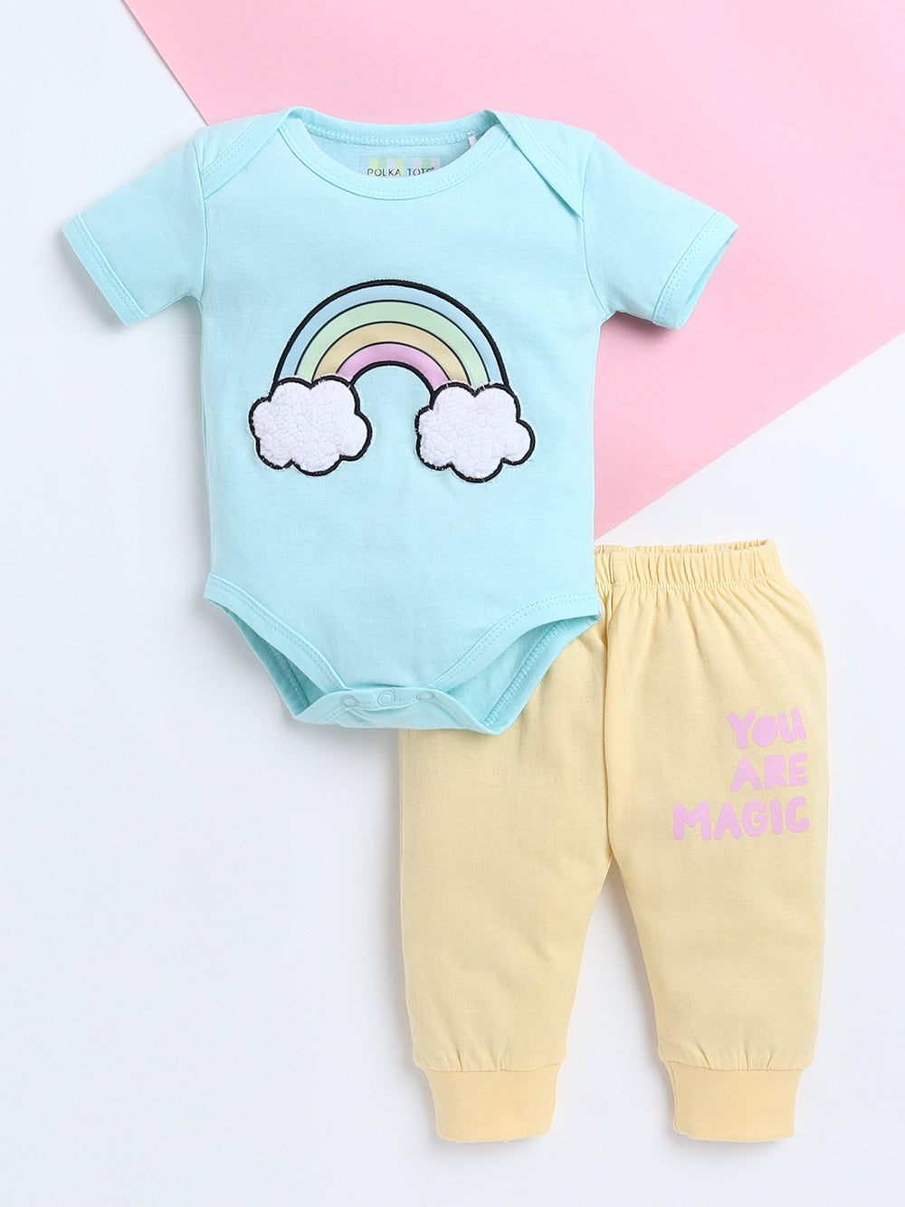 Polka Tots Baby Onesie Newborn Outfit Set – Soft Cotton Rainbow Print Half Sleeves Onesie with Leggings (Blue & Yellow)