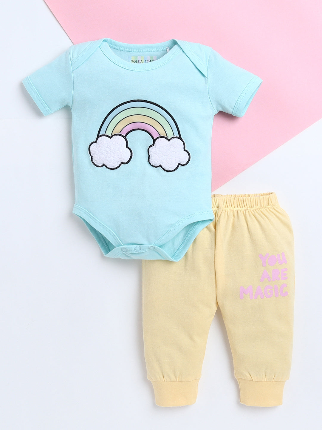 Polka Tots Baby Onesie Newborn Outfit Set – Soft Cotton Rainbow Print Half Sleeves Onesie with Leggings (Blue & Yellow)