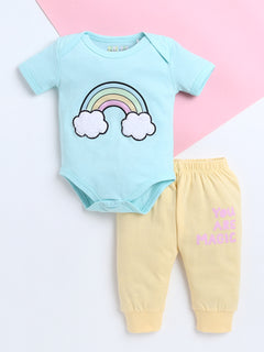 Polka Tots Baby Onesie Newborn Outfit Set – Soft Cotton Rainbow Print Half Sleeves Onesie with Leggings (Blue & Yellow)