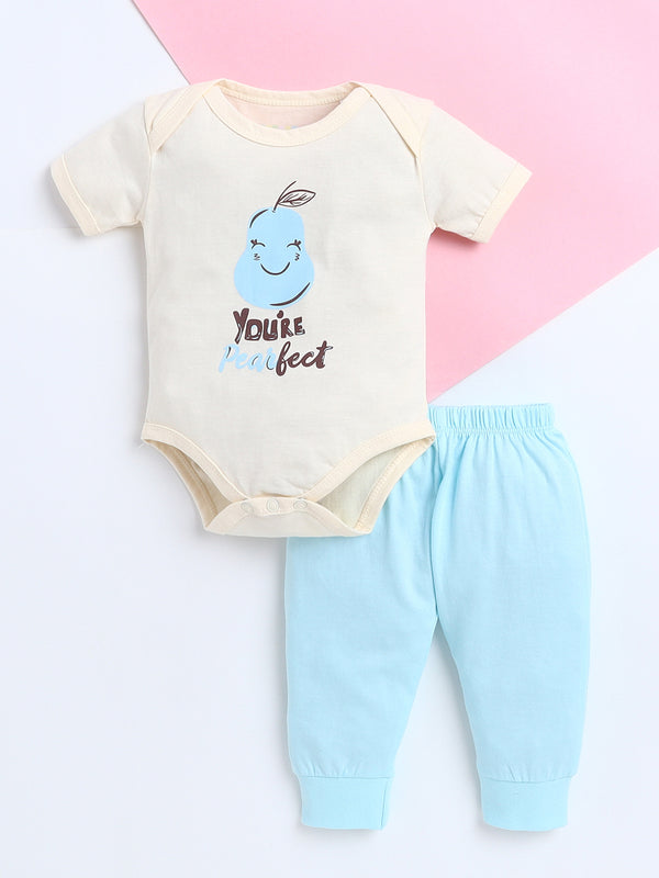 Polka Tots Baby Onesie Newborn Outfit Set – Soft Cotton Pear Print Half Sleeves Onesie with Leggings (Yellow & Blue)
