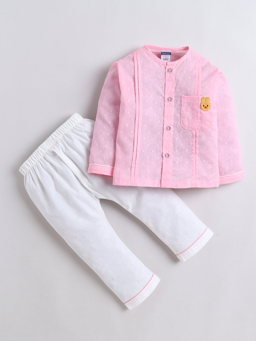 Polka Tots Full-Sleeves Bunny Patch Pocket  Jhabla and Pant Set- Pink