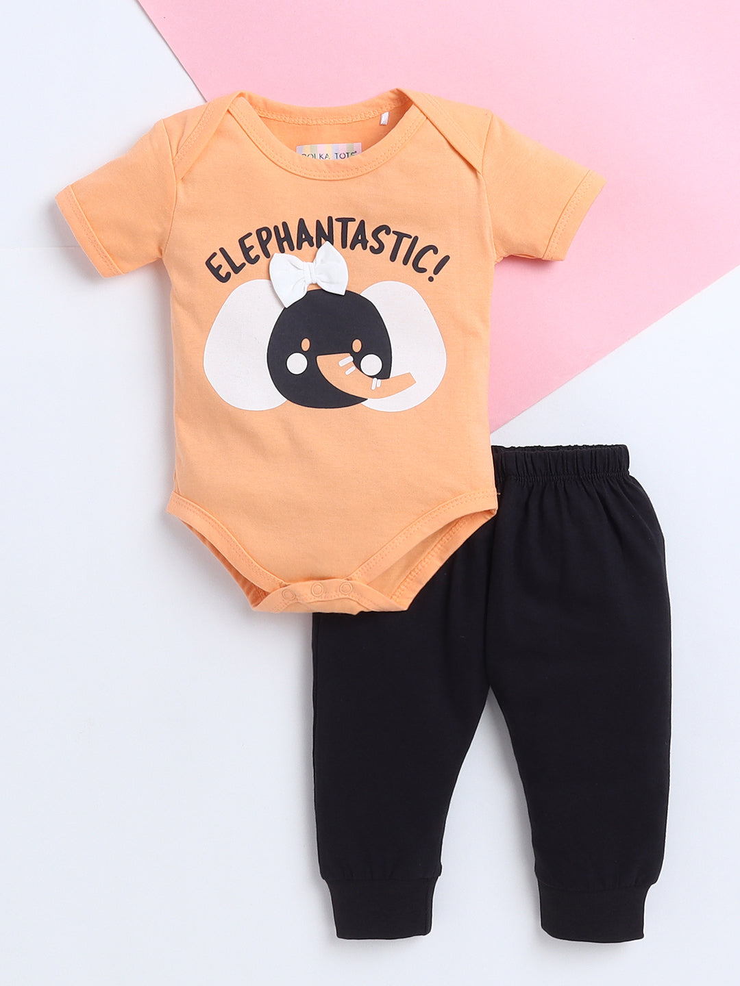 Polka Tots Baby Onesie Newborn Outfit Set – Soft Cotton Elephant Print Half Sleeves Onesie with Leggings (Orange & Black)