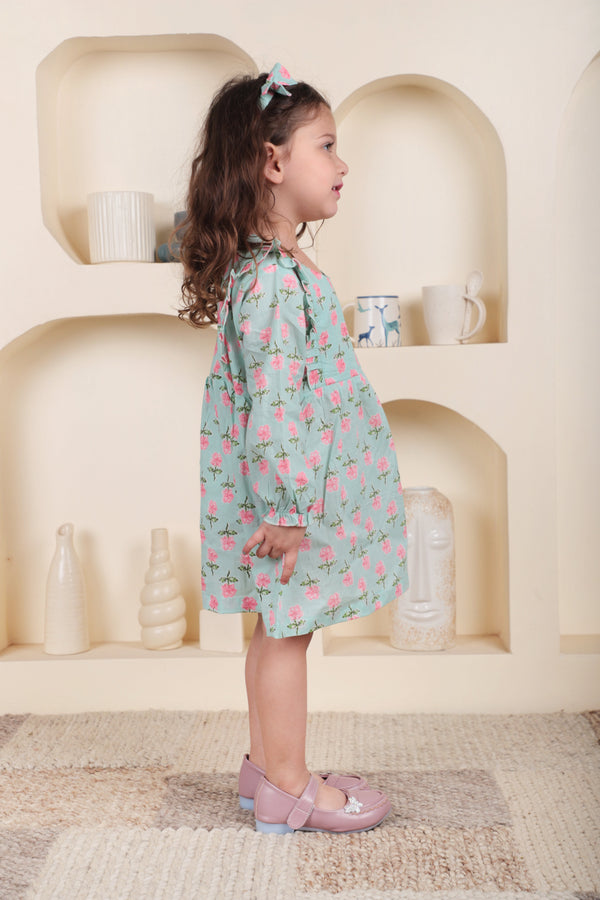 Polka Tots Full sleeve Floral print Frock with Headband - Aqua