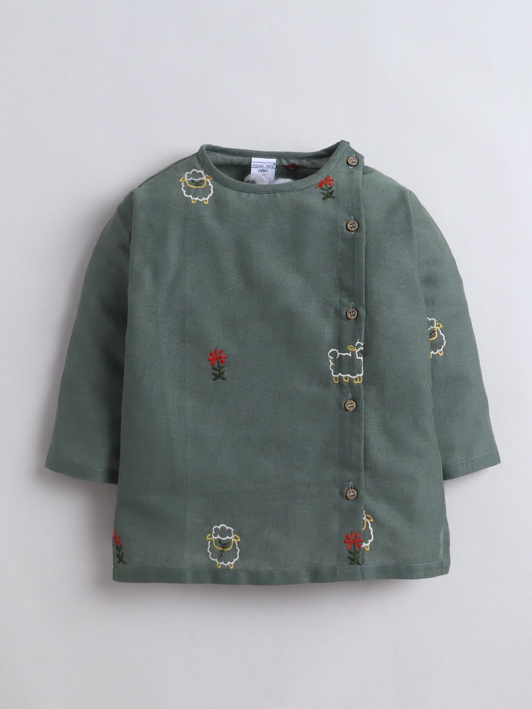 Polka Tots Full Sleeve Sheep Embroidery Angrakha Top With Dhoti - Green