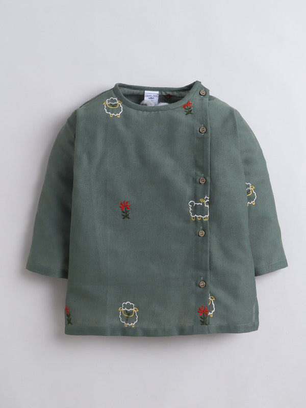 Polka Tots Full Sleeve Sheep Embroidery Angrakha Top With Dhoti - Green