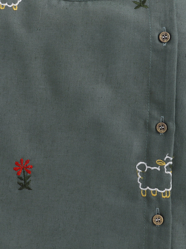 Polka Tots Full Sleeve Sheep Embroidery Angrakha Top With Dhoti - Green