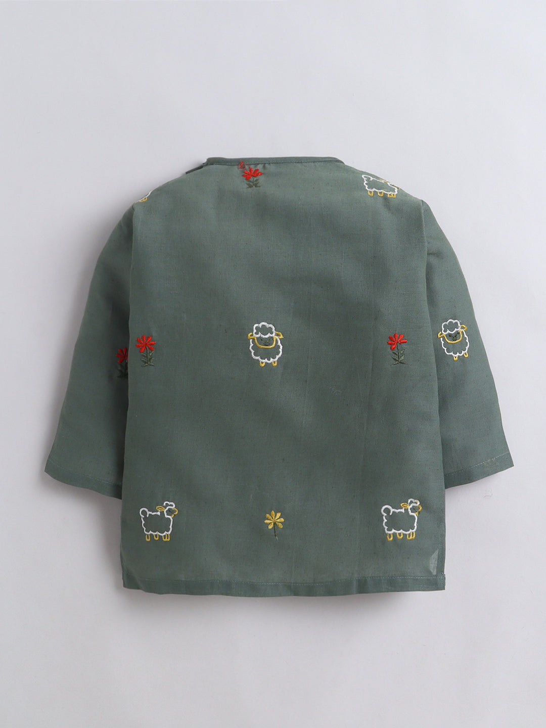 Polka Tots Full Sleeve Sheep Embroidery Angrakha Top With Dhoti - Green