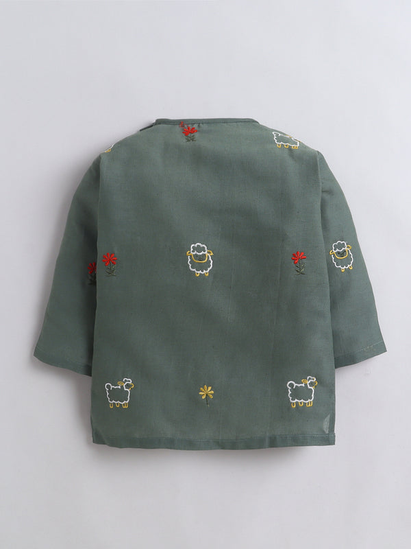 Polka Tots Full Sleeve Sheep Embroidery Angrakha Top With Dhoti - Green