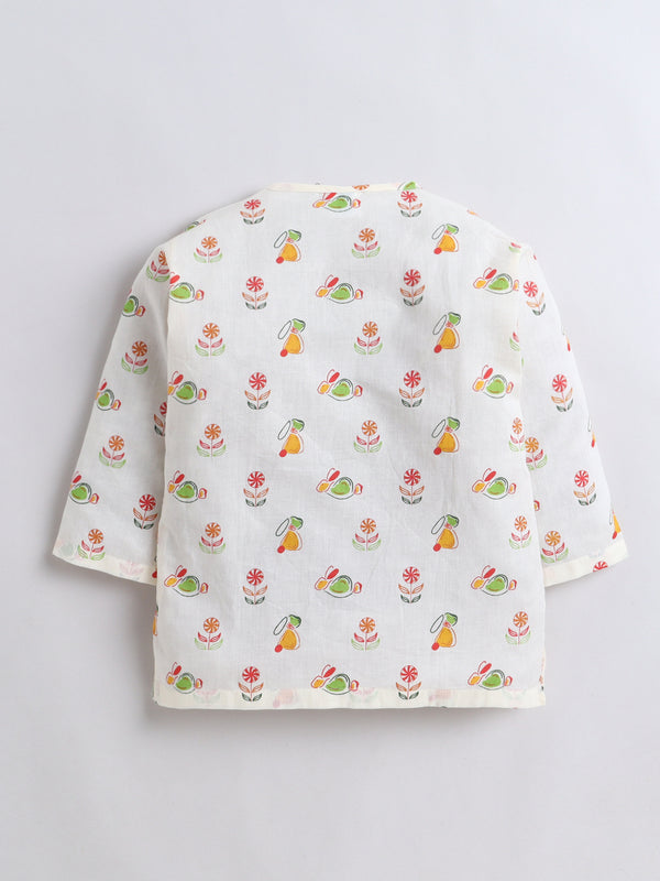 PolkaTots Full Sleeves Candy Bunny Print Angrakha Top with Dhoti- Orange