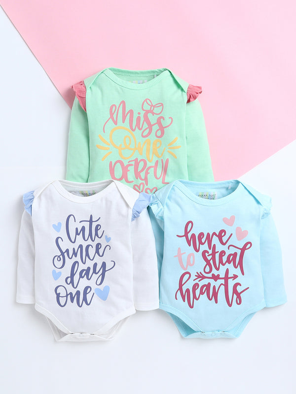 Polka Tots Pack of 3 Soft Cotton Ruffle Full Sleeves Baby Onesies – Quote Prints (Multicolor)
