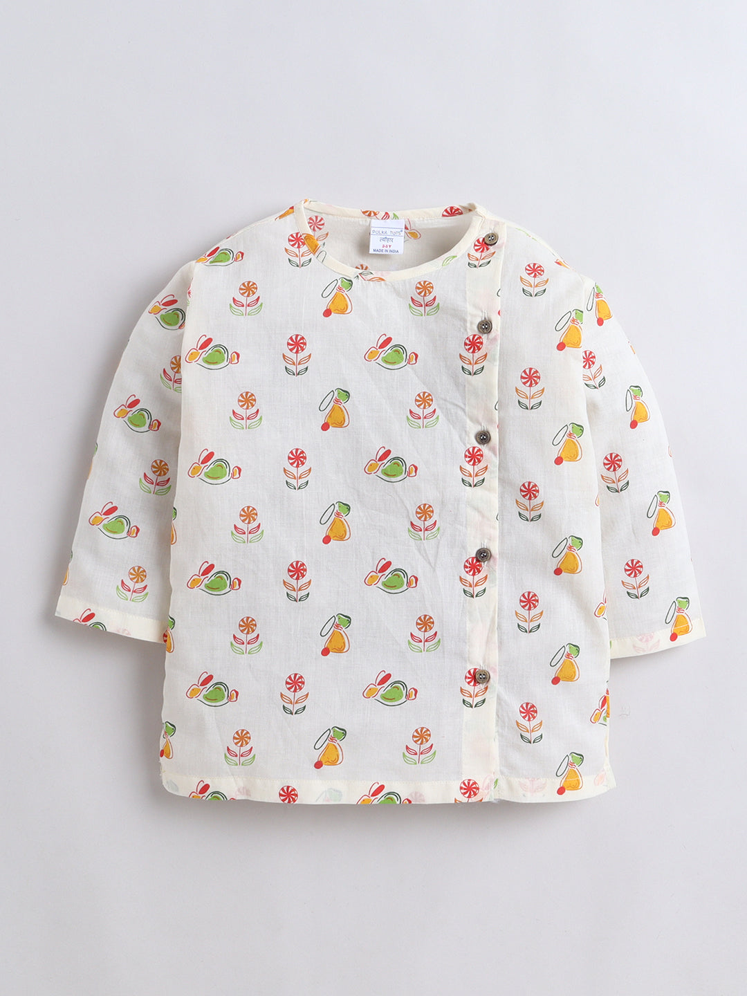 PolkaTots Full Sleeves Candy Bunny Print Angrakha Top with Dhoti- Orange