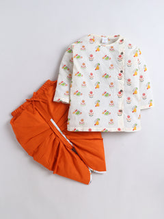 PolkaTots Full Sleeves Candy Bunny Print Angrakha Top with Dhoti- Orange
