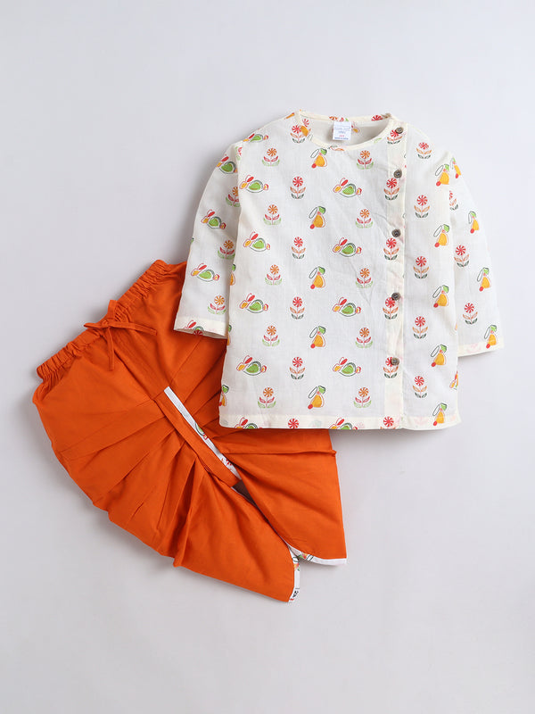 PolkaTots Full Sleeves Candy Bunny Print Angrakha Top with Dhoti- Orange