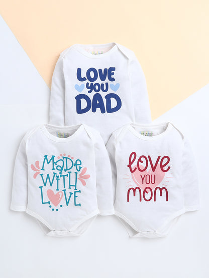 Polka Tots Pack of 3 Soft Cotton Full Sleeves Baby Onesies – Love Prints (White)