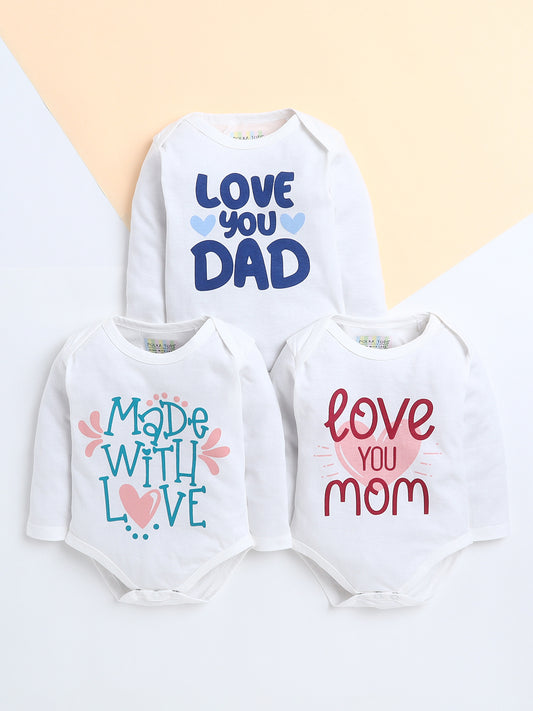 Polka Tots Pack of 3 Soft Cotton Full Sleeves Baby Onesies – Love Prints (White)