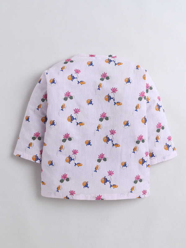 PolkaTots Full Sleeves Jal Tarang Print Angrakha Top with Dhoti- Pink