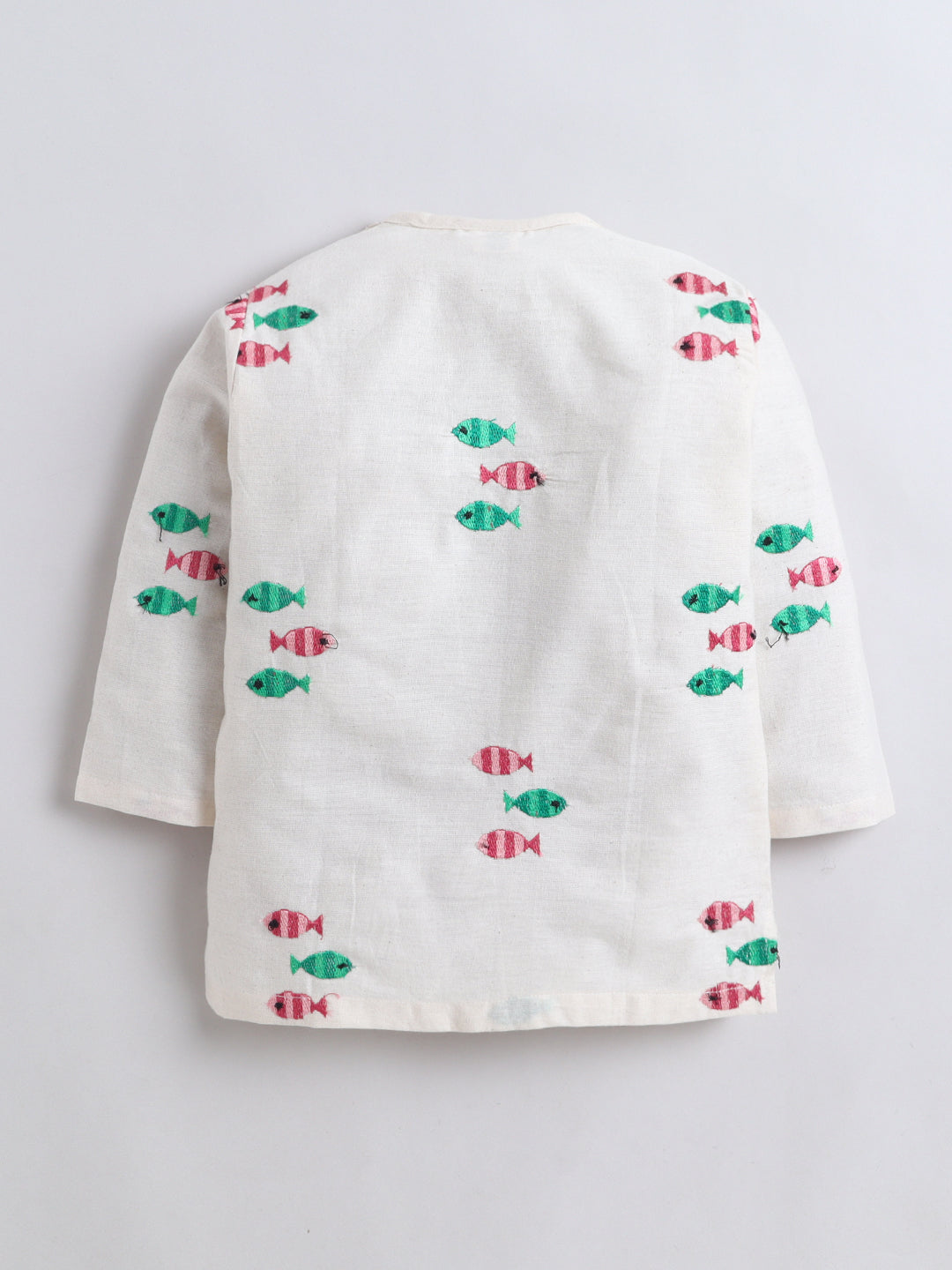 Polka Tots Full Sleeve Fish Embroidery Angrakha Top With Dhoti - Off White
