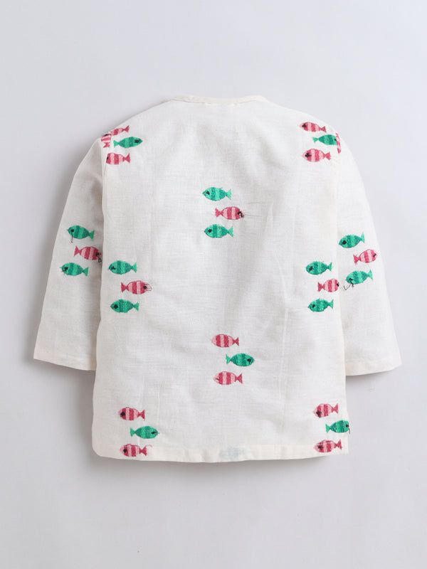 Polka Tots Full Sleeve Fish Embroidery Angrakha Top With Dhoti - Off White
