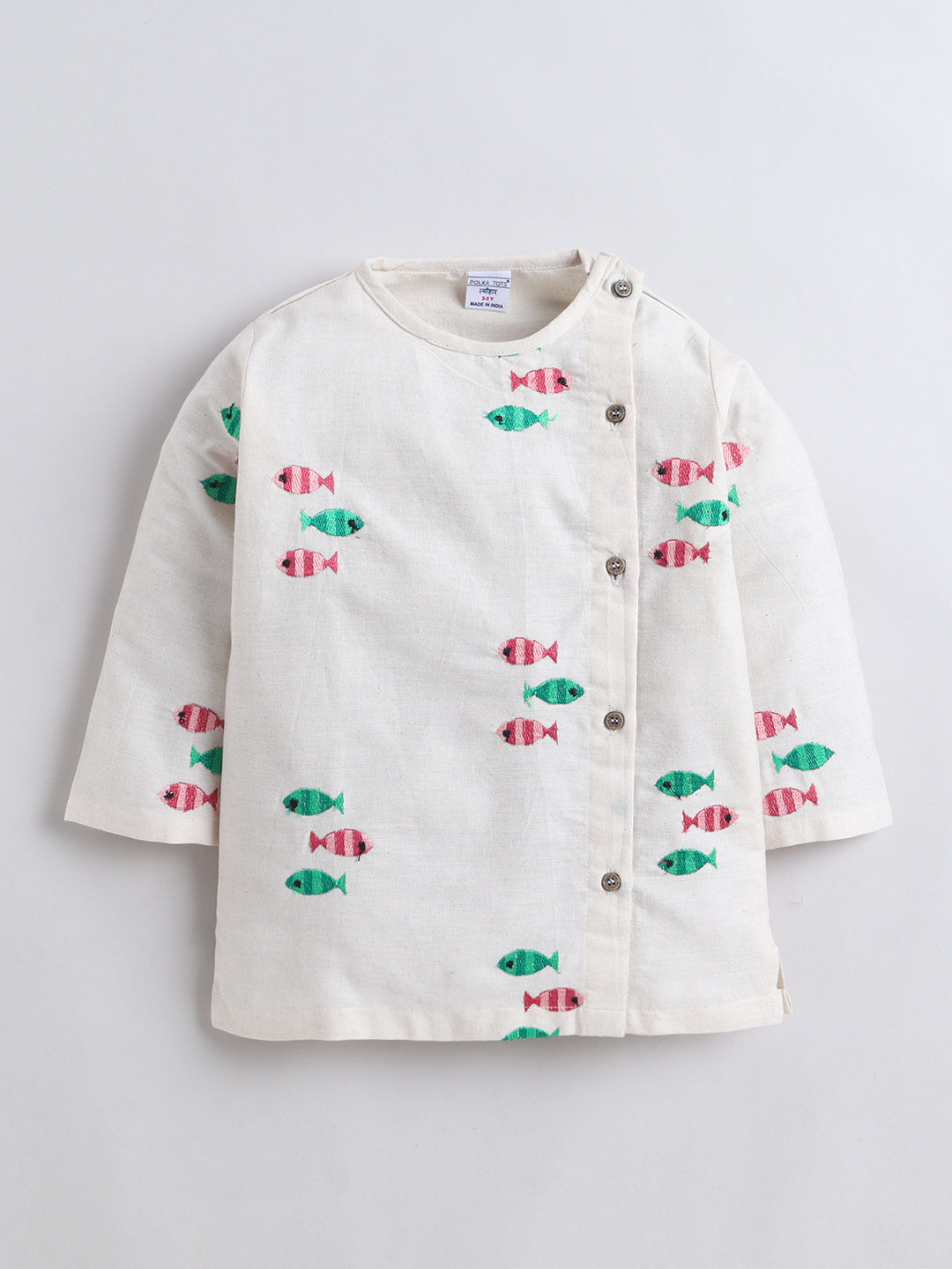 Polka Tots Full Sleeve Fish Embroidery Angrakha Top With Dhoti - Off White