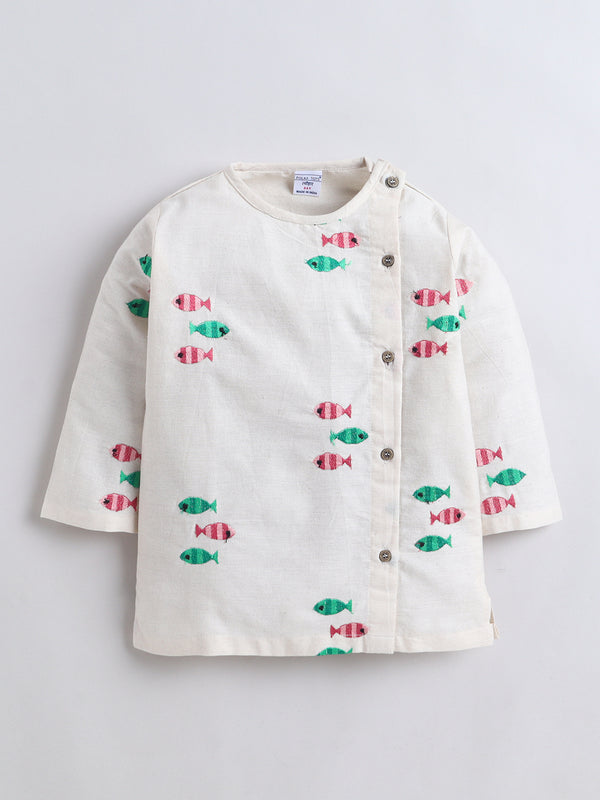 Polka Tots Full Sleeve Fish Embroidery Angrakha Top With Dhoti - Off White