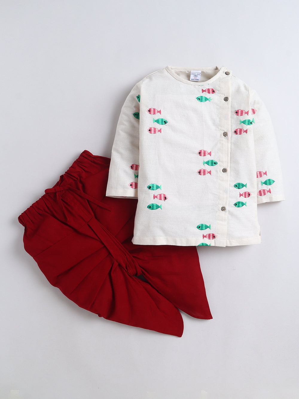 Polka Tots Full Sleeve Fish Embroidery Angrakha Top With Dhoti - Off White