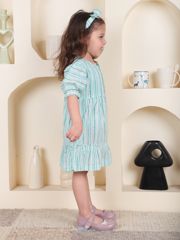 Polka Tots Half sleeve Stripe print Frock with Headband - Green