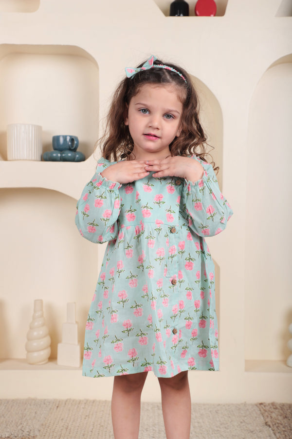Polka Tots Full sleeve Floral print Frock with Headband - Aqua