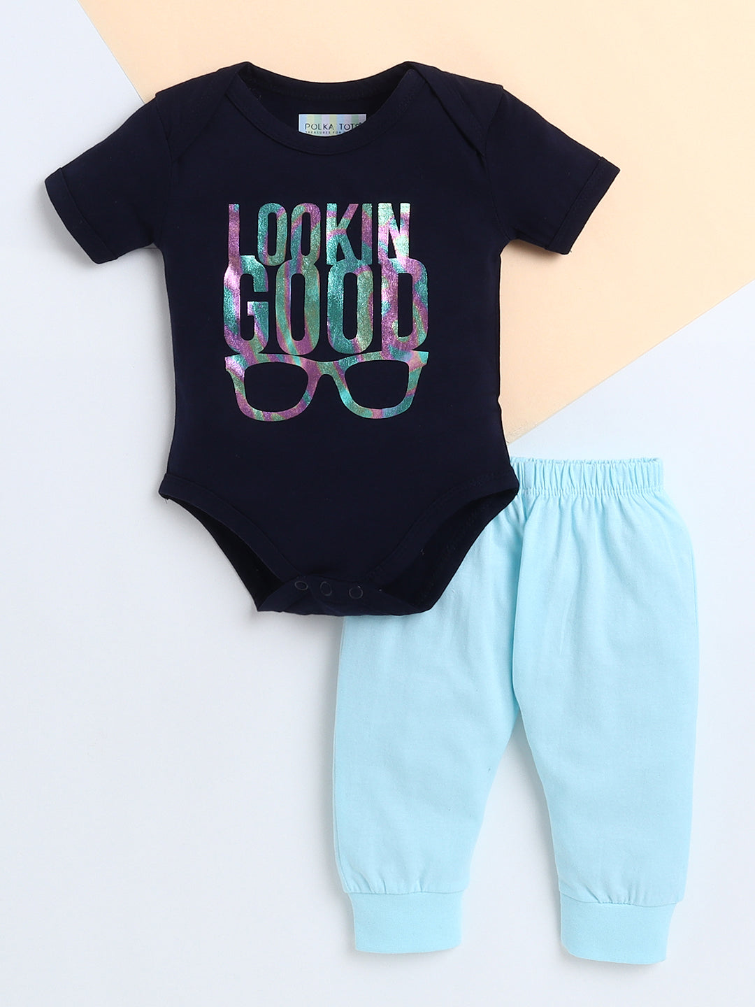 Polka Tots Baby Onesie Newborn Outfit Set – Soft Cotton Lookin Good Print Half Sleeves Onesie with Leggings (Black & Blue)
