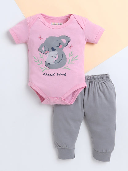 Polka Tots Baby Onesie Newborn Outfit Set – Soft Cotton Koala Need Hug Print Half Sleeves Onesie with Leggings (Pink & Grey)