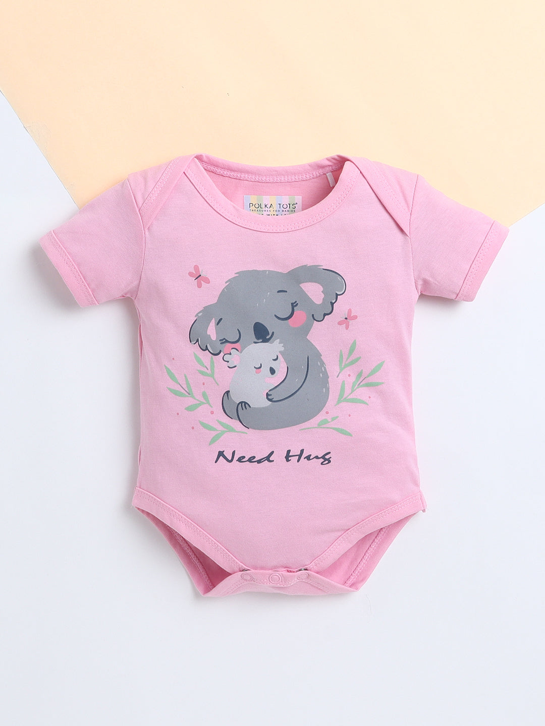 Polka Tots Baby Onesie Newborn Outfit Set – Soft Cotton Koala Need Hug Print Half Sleeves Onesie with Leggings (Pink & Grey)